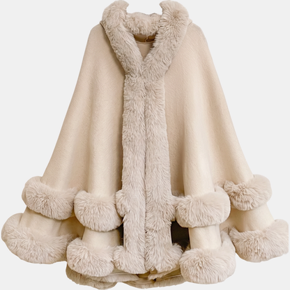 Women's Faux Fur Trim Hooded Knit Cape Coat - Cream