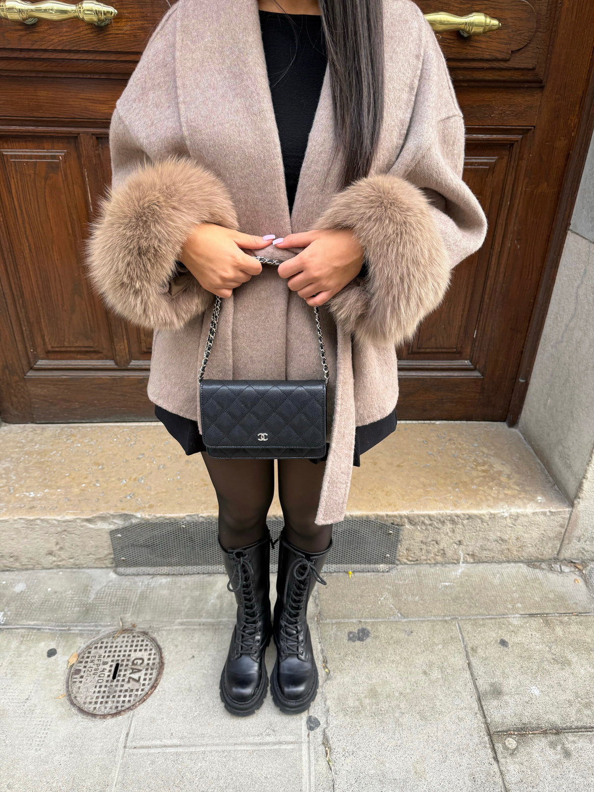 Women's Winter Coat with Faux-Fur Cuffs and Belted Waist - Brown