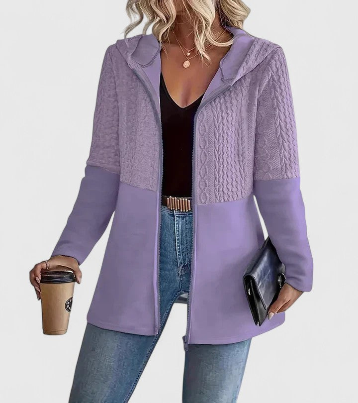 Women's Longline Zip Hoodie with Cable-Knit Panel - Purple