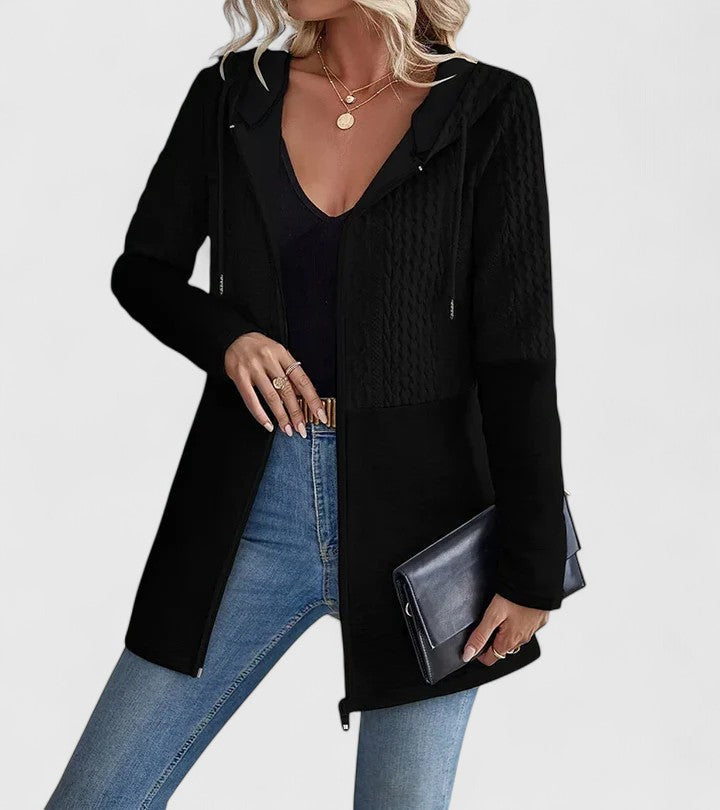 Women's Longline Zip Hoodie with Cable-Knit Panel - Black