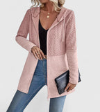 Women's Longline Zip Hoodie with Cable-Knit Panel - Pink