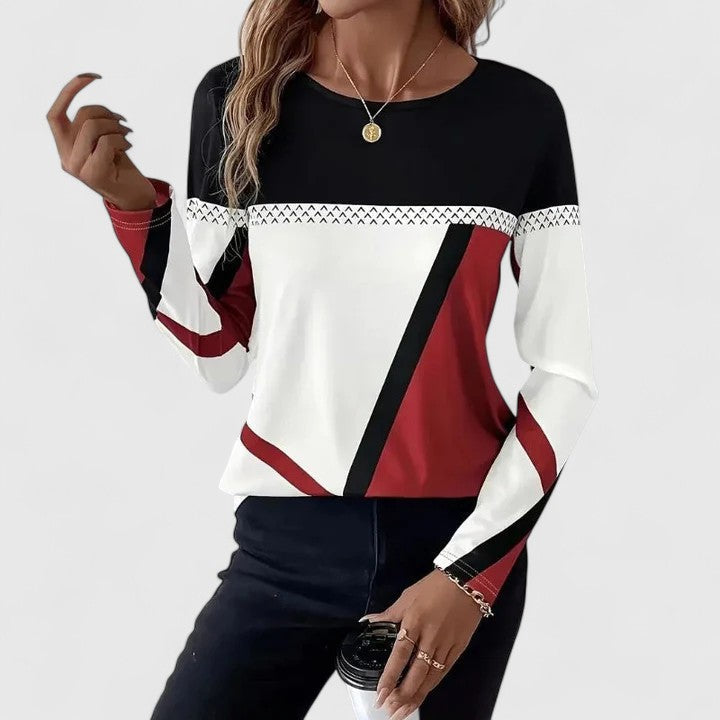 Women's Jumper Long Sleeve with Round Neck and Geometric Print - Multi-Coloured
