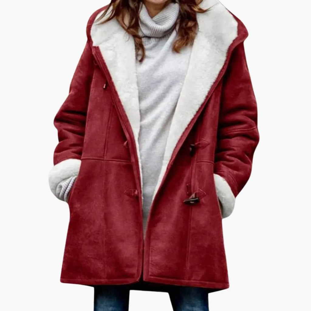 Women's Hooded Toggle Coat Sherpa Lined Mid-Thigh Length - Red