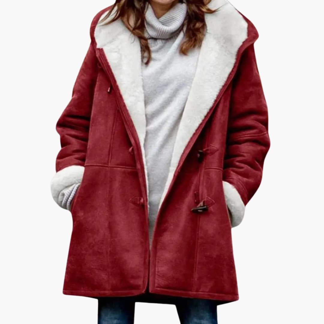 Women's Hooded Toggle Coat Sherpa Lined Mid-Thigh Length - Red