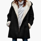 Women's Hooded Toggle Coat Sherpa Lined Mid-Thigh Length - Black