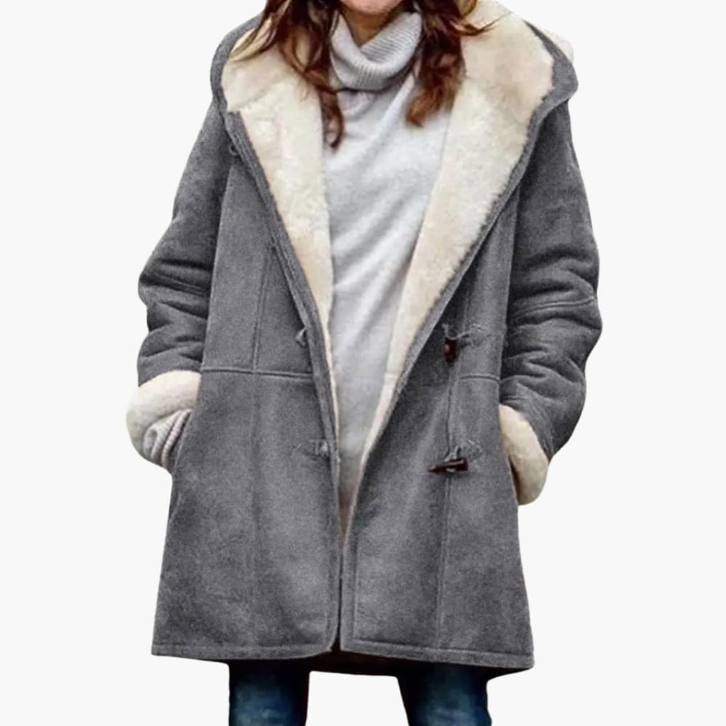 Women's Hooded Toggle Coat Sherpa Lined Mid-Thigh Length - Grey