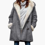Women's Hooded Toggle Coat Sherpa Lined Mid-Thigh Length - Grey