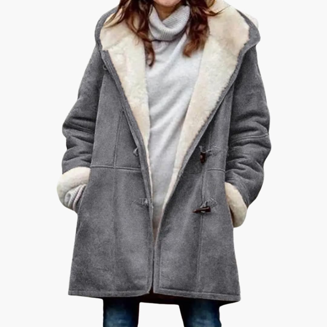 Women's Hooded Toggle Coat Sherpa Lined Mid-Thigh Length - Grey