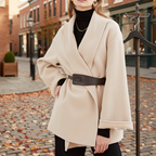 Women's Wrap Coat with Wide Lapel Collar and Tie Belt - 4