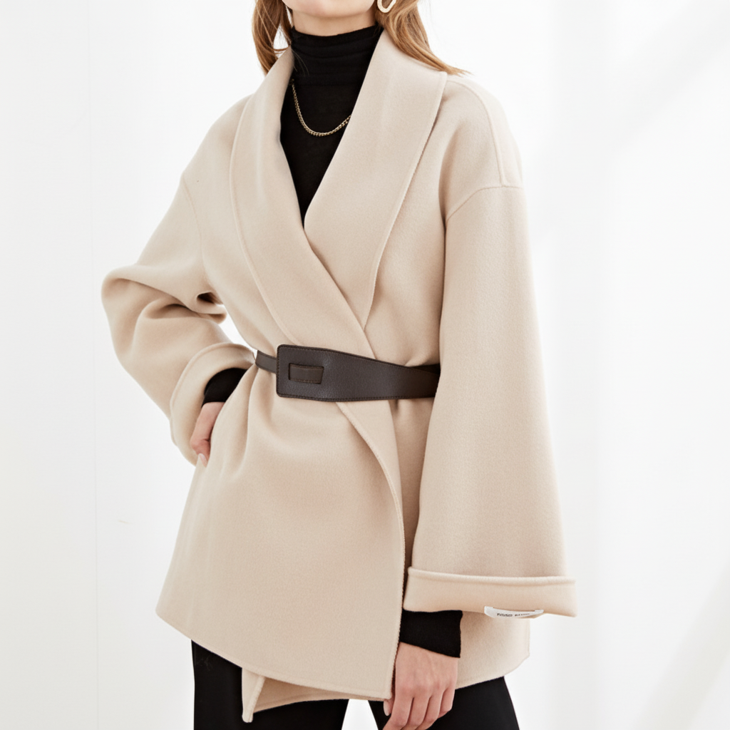 Women's Wrap Coat with Wide Lapel Collar and Tie Belt - Beige