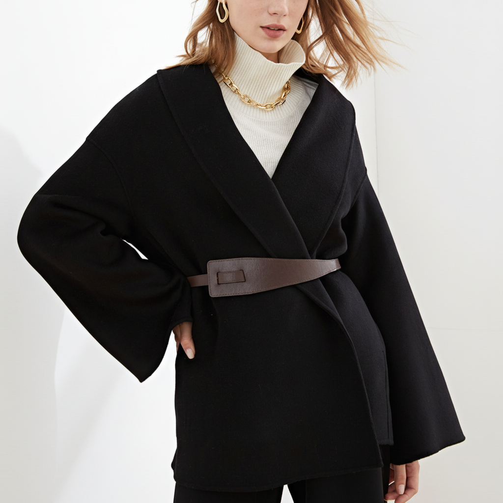 Women's Wrap Coat with Wide Lapel Collar and Tie Belt - Black