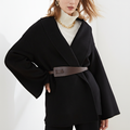 Women's Wrap Coat with Wide Lapel Collar and Tie Belt - Black