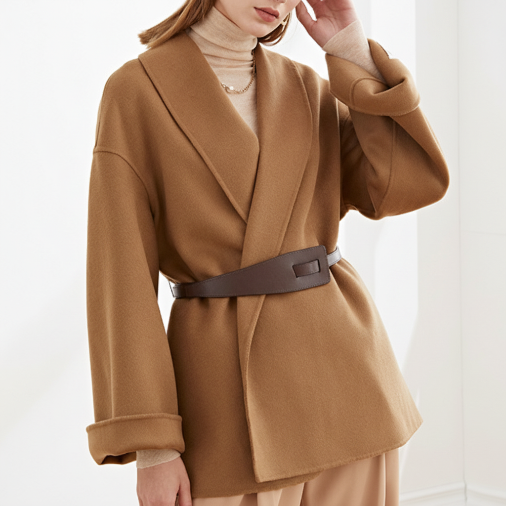 Women's Wrap Coat with Wide Lapel Collar and Tie Belt - Brown