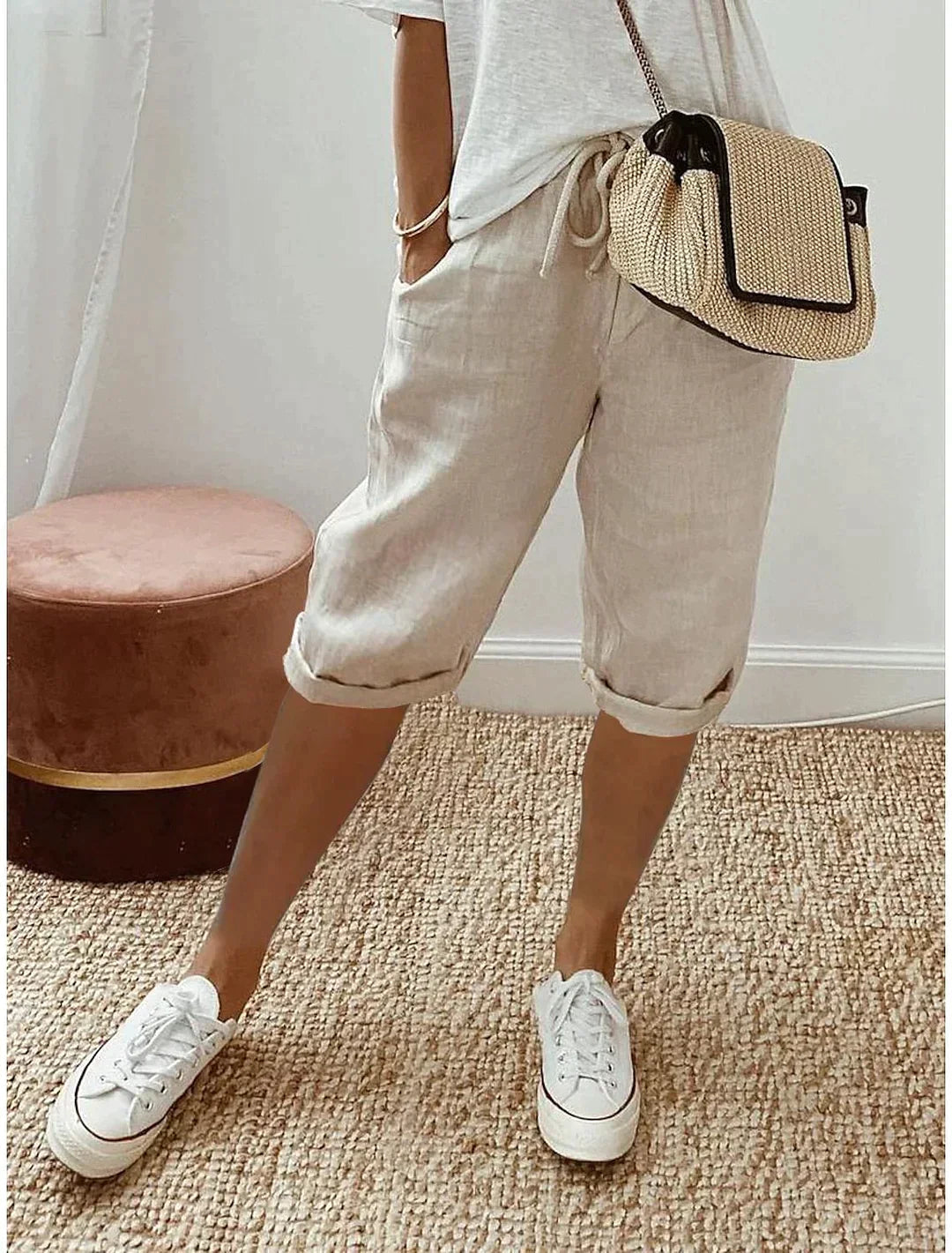 Women's Capri Trousers Relaxed Cropped Fit with Drawstring Waist - Beige