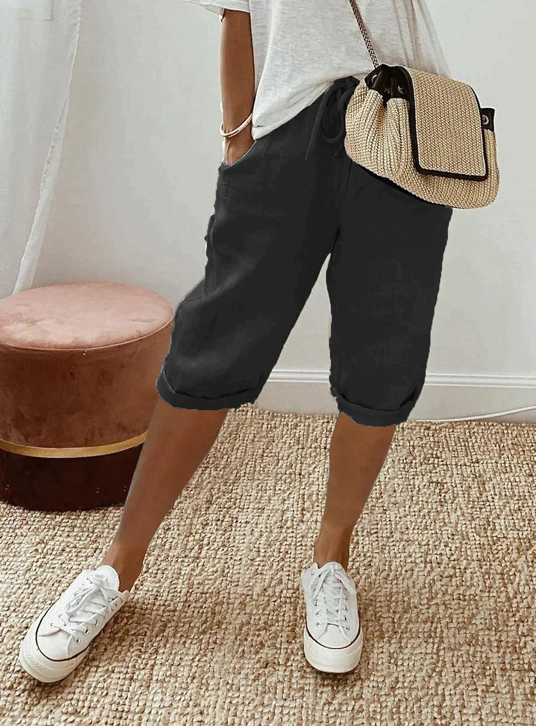 Women's Capri Trousers Relaxed Cropped Fit with Drawstring Waist - Black