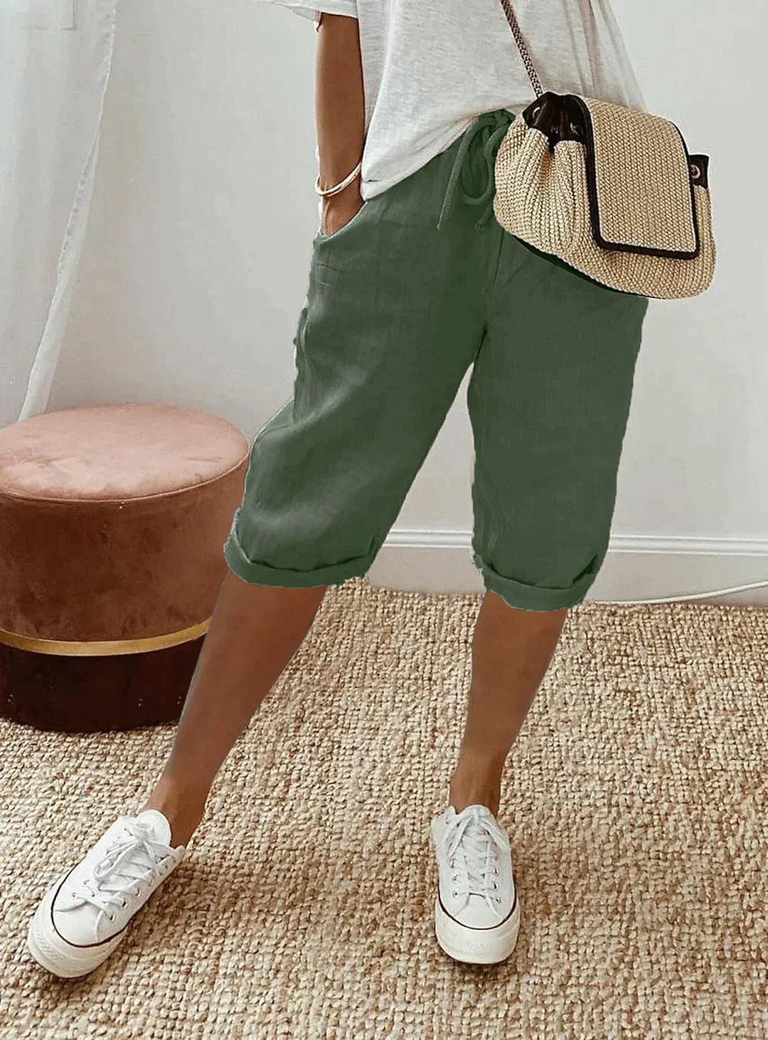 Women's Capri Trousers Relaxed Cropped Fit with Drawstring Waist - Green