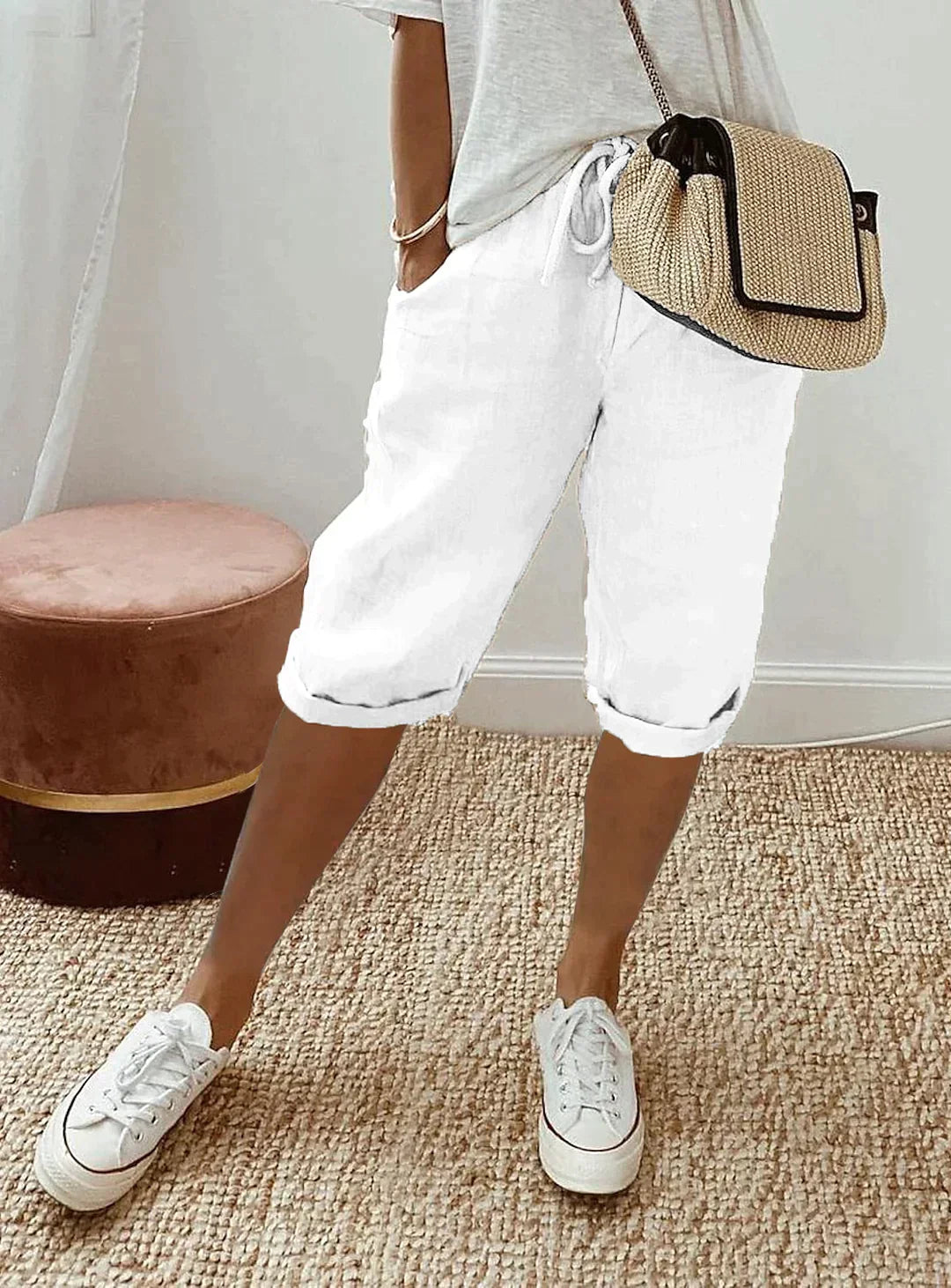 Women's Capri Trousers Relaxed Cropped Fit with Drawstring Waist - White