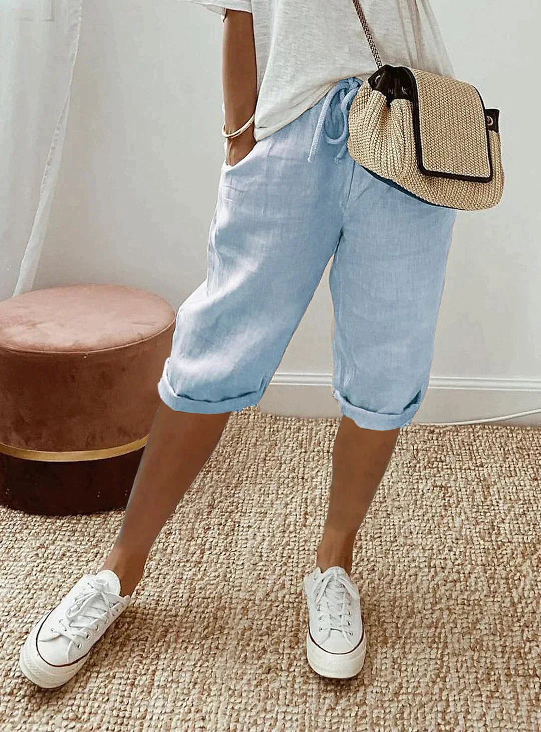 Women's Capri Trousers Relaxed Cropped Fit with Drawstring Waist - Blue
