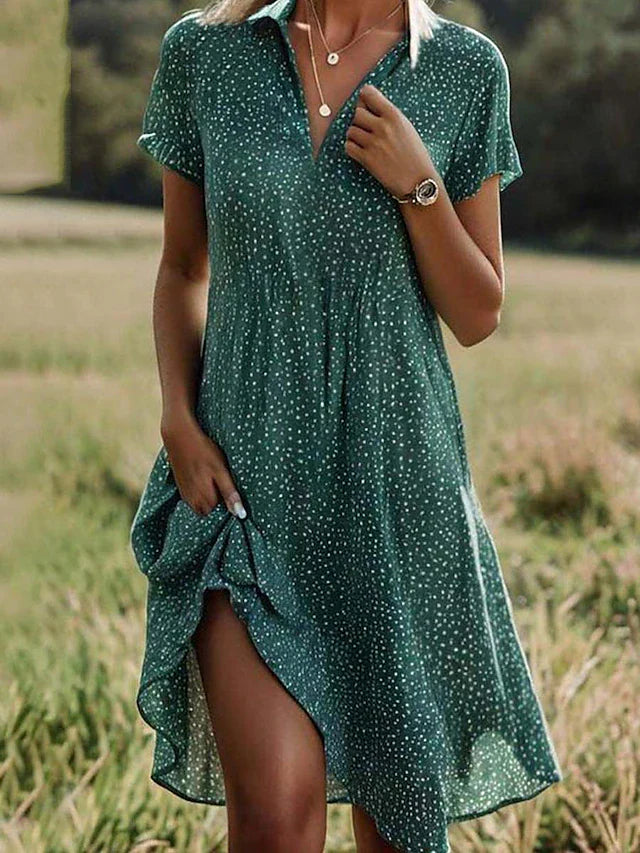 Women's Midi Shirt Dress with Short Sleeves and V-Neck Collar - Green