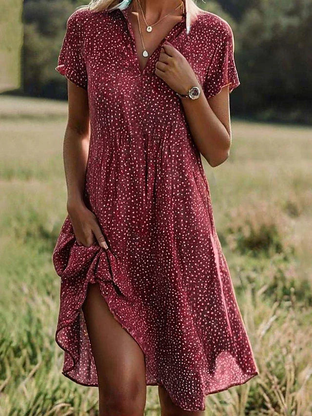 Women's Midi Shirt Dress with Short Sleeves and V-Neck Collar - Red