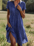 Women's Midi Shirt Dress with Short Sleeves and V-Neck Collar - Blue