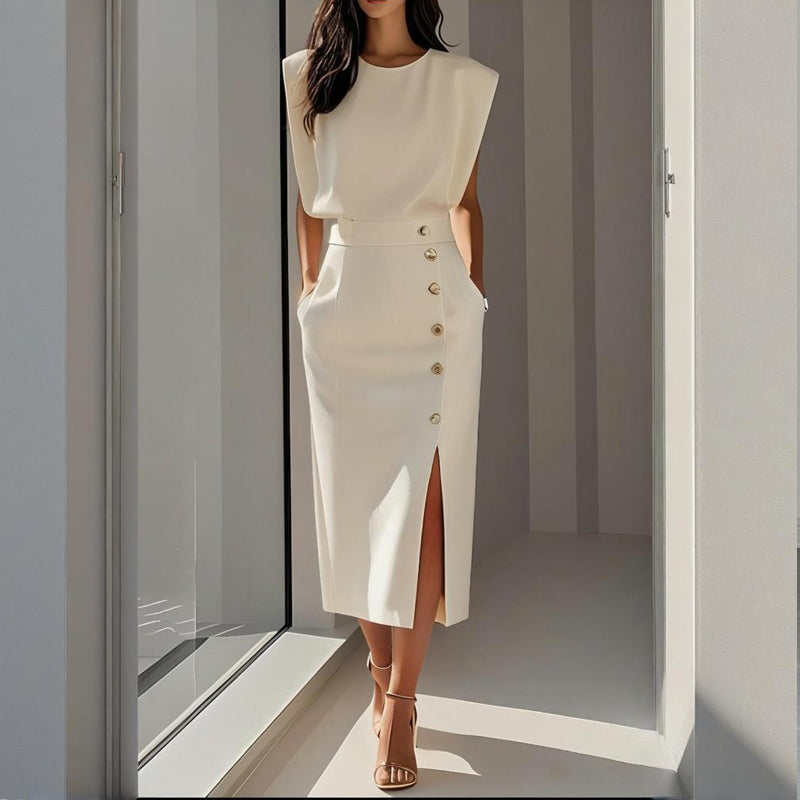 Women's Structured Midi Dress with Button Detail and Split Hem - White