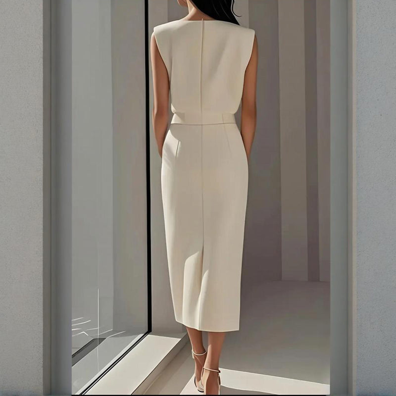 Women's Structured Midi Dress with Button Detail and Split Hem - 3