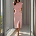 Women's Structured Midi Dress with Button Detail and Split Hem - Light Pink