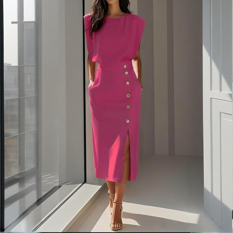 Women's Structured Midi Dress with Button Detail and Split Hem - Hot Pink