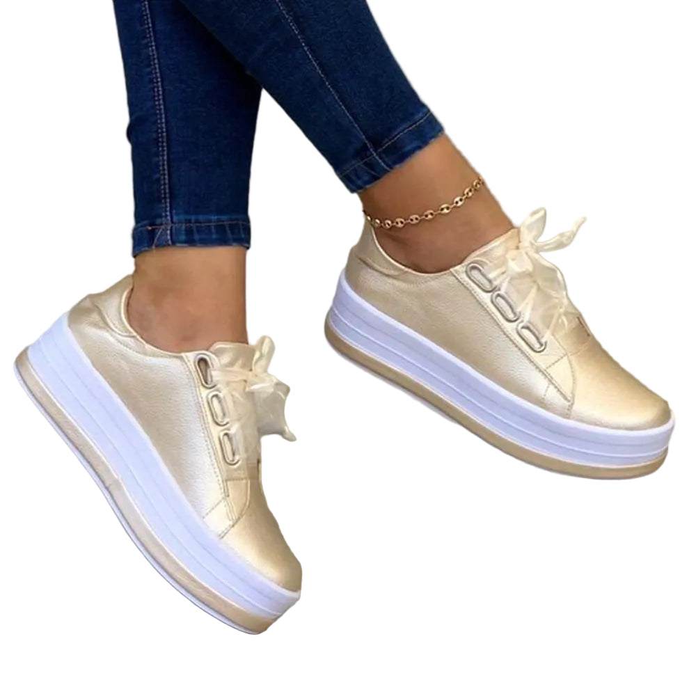 Women's Platform Trainers with Lace-Up Closure - Gold