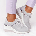 Women's Wedge Sneakers with Metallic Trim and Lace-Up Front - Grey