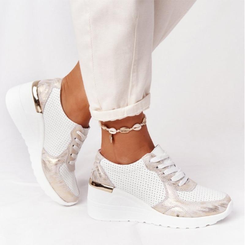 Women's Wedge Sneakers with Metallic Trim and Lace-Up Front - 4