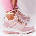 Women's Wedge Sneakers with Metallic Trim and Lace-Up Front - Pink