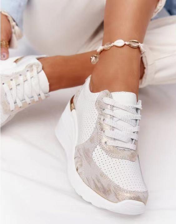 Women's Wedge Sneakers with Metallic Trim and Lace-Up Front - 9