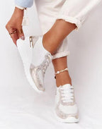 Women's Wedge Sneakers with Metallic Trim and Lace-Up Front - 10