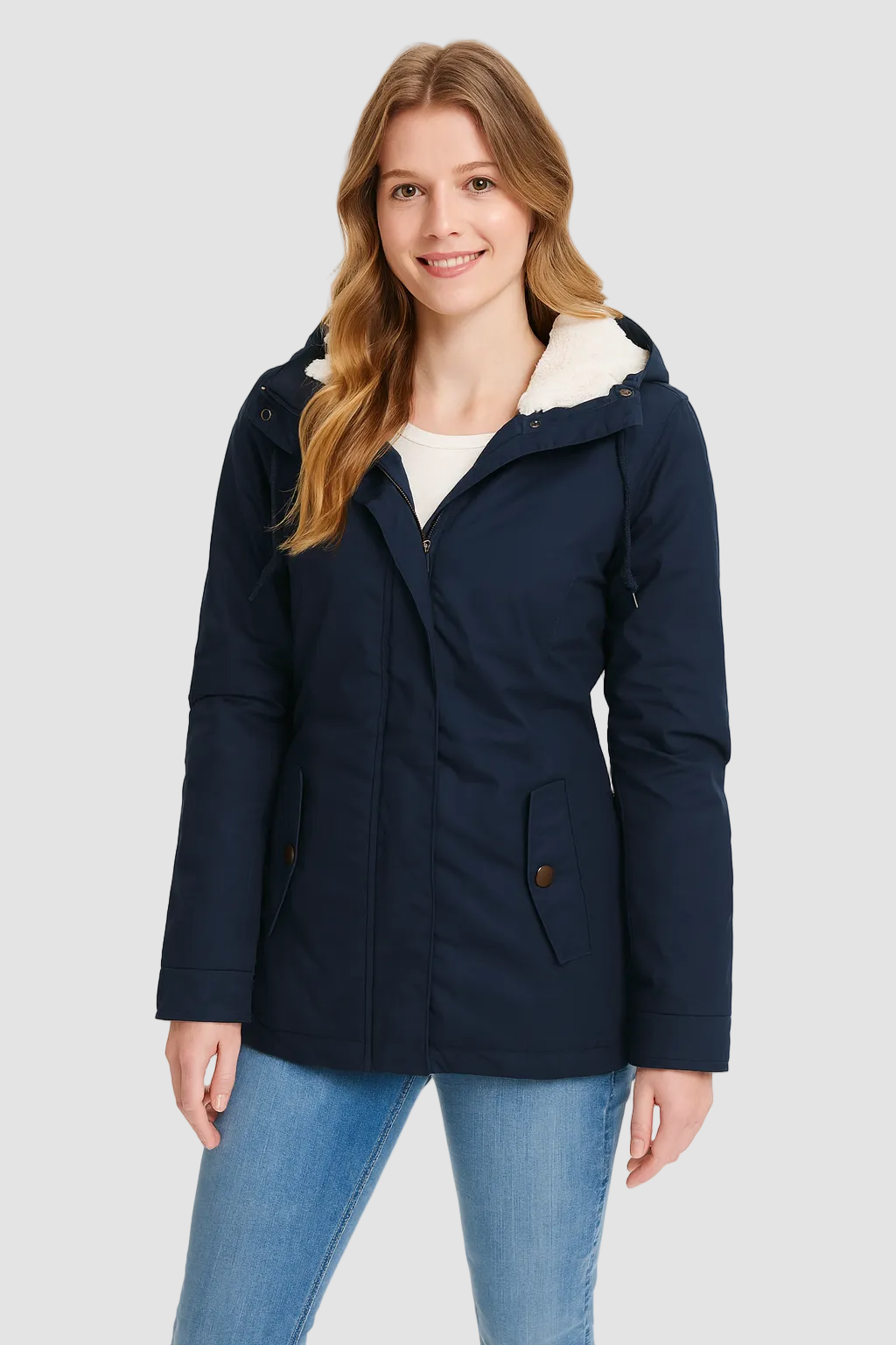 Women's Hooded Winter Coat with Fleece Lining and Fitted Cut - Navy Blue