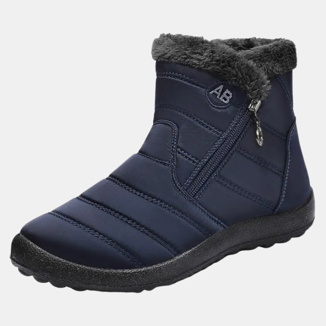 Women's Quilted Faux Fur Cuff Ankle Snow Boots with Side Zip - Dark Blue