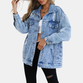 Women's Distressed Oversized Snap Button Denim Jacket - Dark Blue