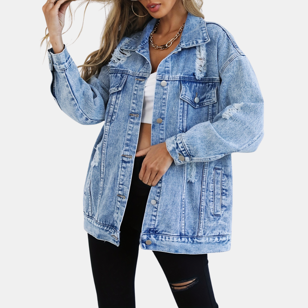 Women's Distressed Oversized Snap Button Denim Jacket - Dark Blue