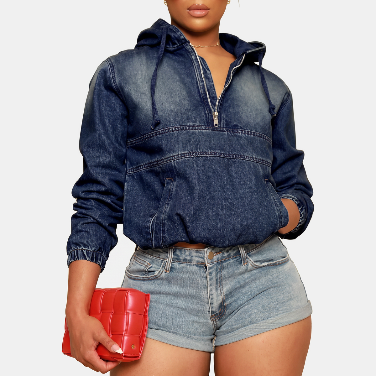 Women's Cropped Zip Up Hoodie Denim Sweatshirt - Dark Blue