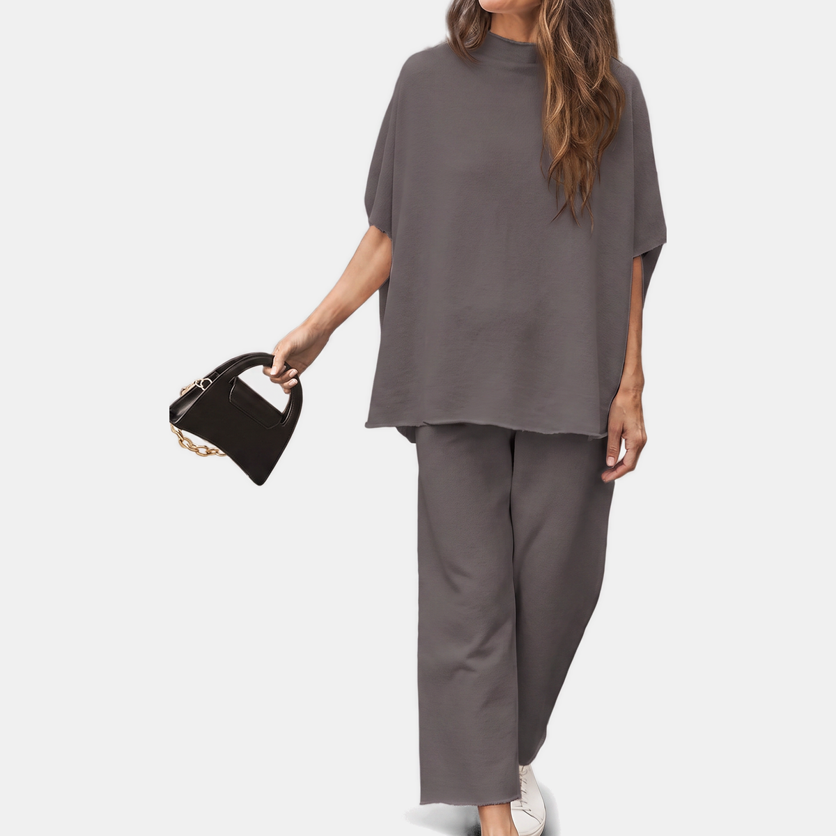 Women's Mock Neck Lounge Set Wide Leg Cropped Trousers - Dark Gray