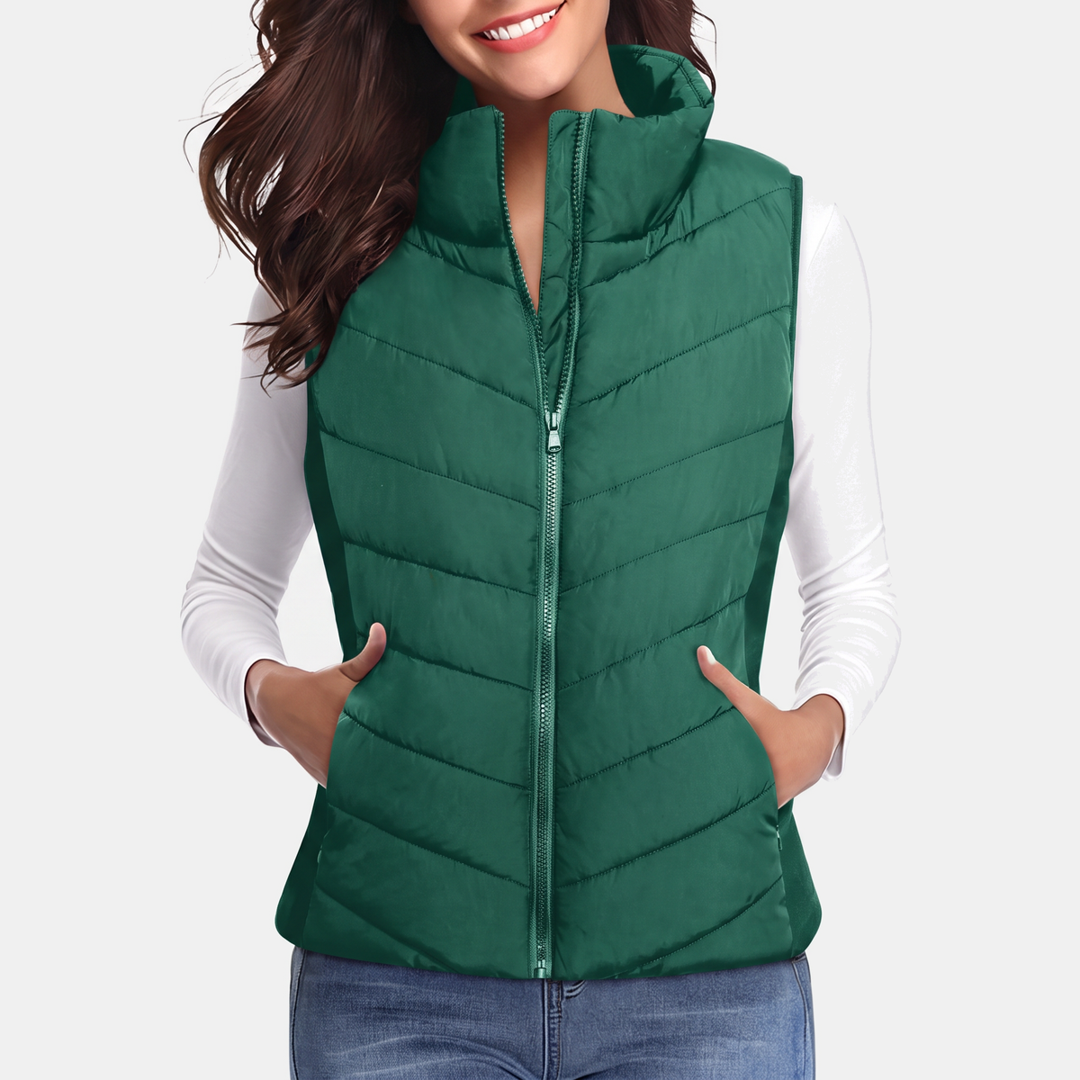 Women's Quilted Puffer Gilet Stand Collar Zip Up Sleeveless Gilet - Dark Green