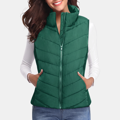 Women's Quilted Puffer Gilet Stand Collar Zip Up Sleeveless Gilet - Dark Green