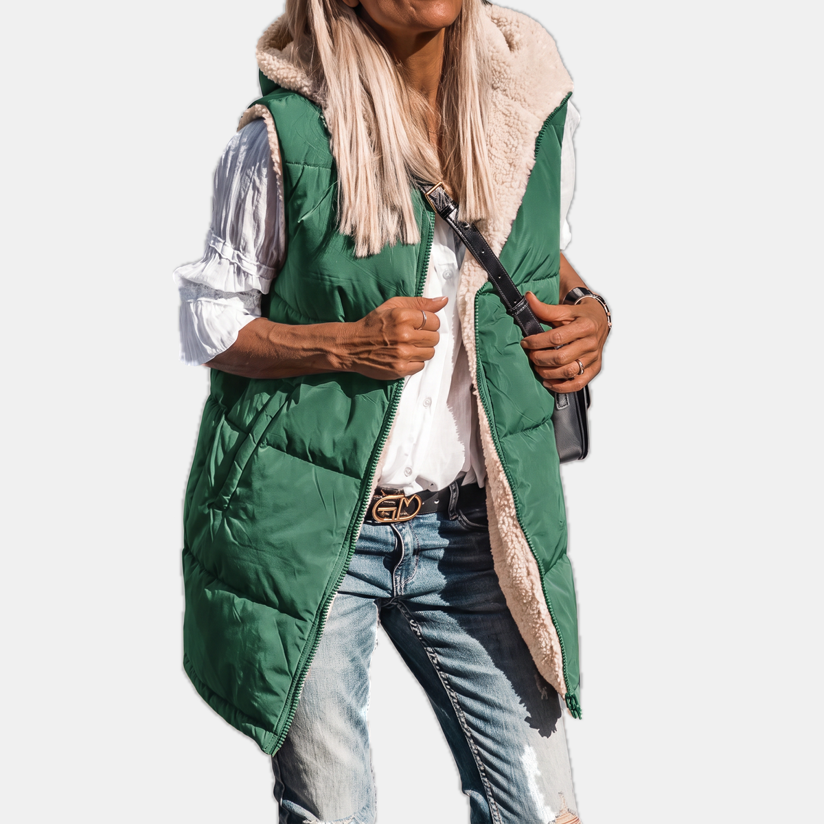 Women's Reversible Puffer Gilet Sherpa Lined Hooded Sleeveless Coat - Dark Green