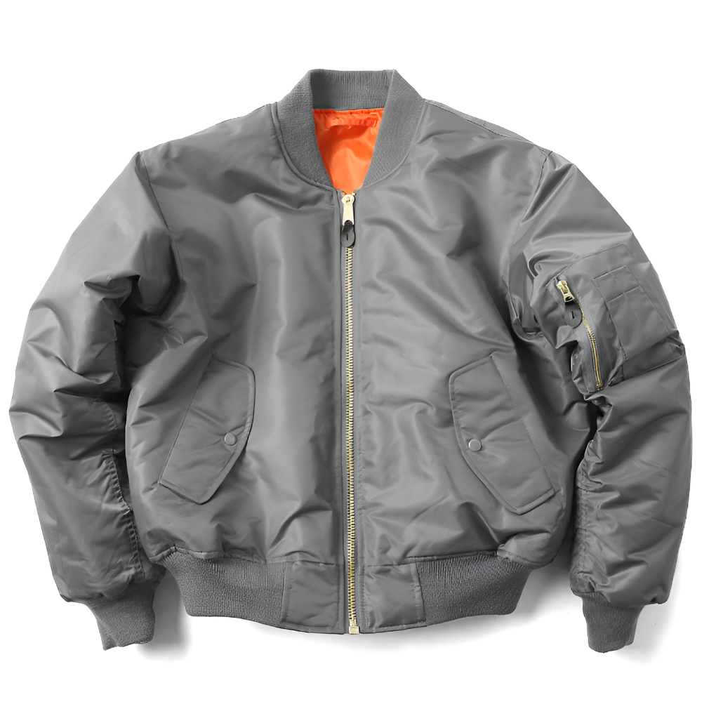 Unisex Bomber Jacket with Ribbed Trims and Zip Front - Grey