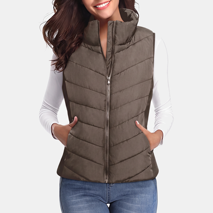 Women's Quilted Puffer Gilet Stand Collar Zip Up Sleeveless Gilet - Desert Palm