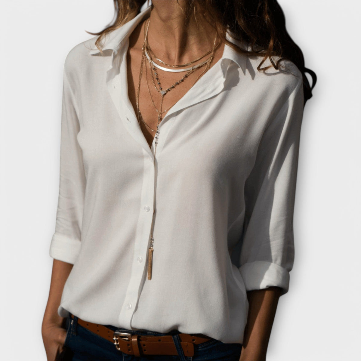 Women's Blouse Long Sleeve with Collar and Button Front - White