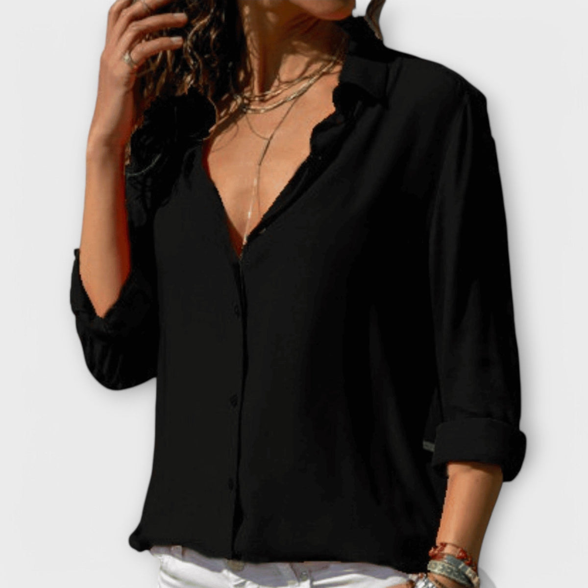 Women's Blouse Long Sleeve with Collar and Button Front - Black