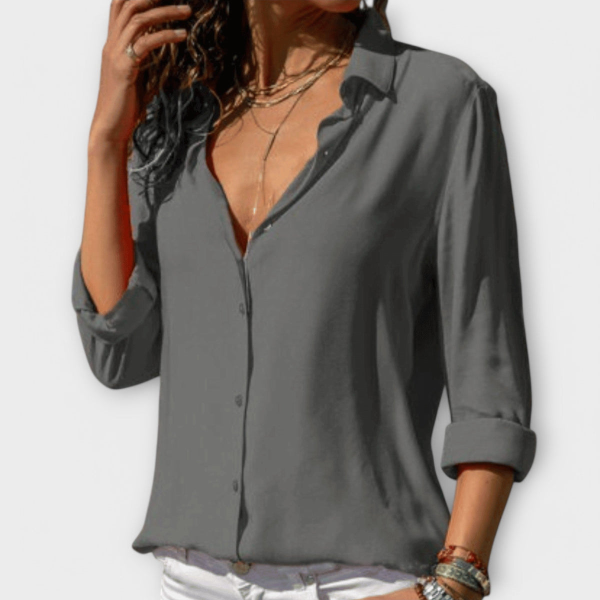 Women's Blouse Long Sleeve with Collar and Button Front - Grey