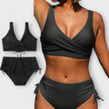 Wrap-Front Two-Piece Bikini Set with Ruched Waist - Black